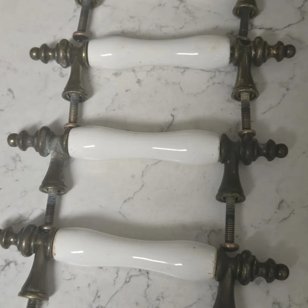 21 Antique White Porcelain & Brass Drawer Pull Cabinet Handles Heavy Patina READ
